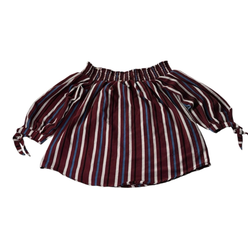 Rue21 Women's Medium Burgundy Striped Off Shoulder Peasant Blouse Tie Sleeves